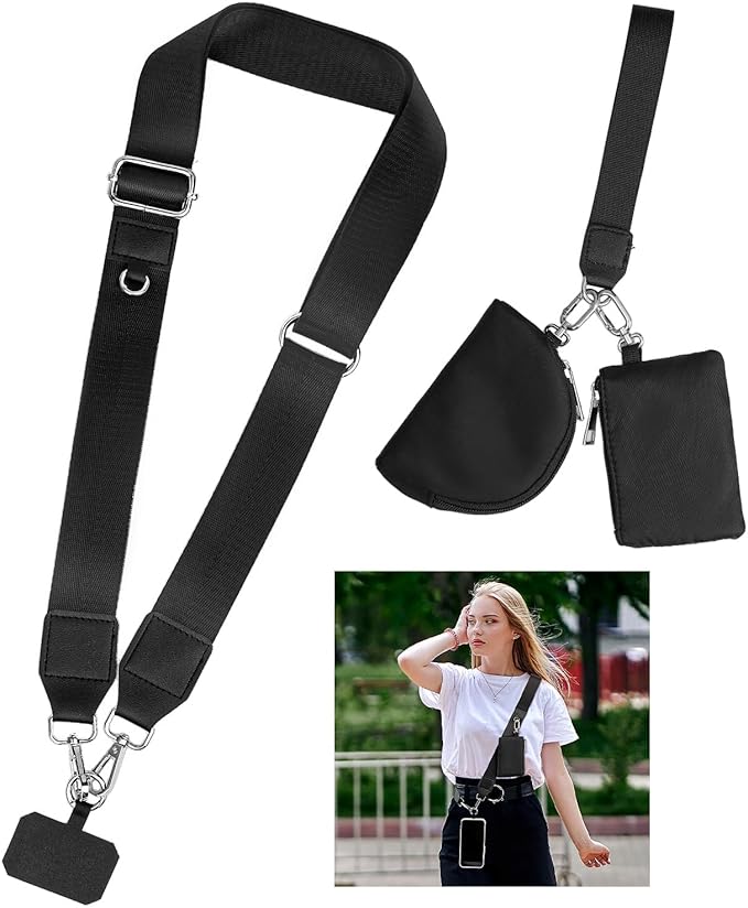 kullder Clip and Go Phone Strap Crossbody with Zipper Wallet, 2 Pcs-Crossbody Lanyard & Wrist Strap-1 Pad, 2 Wallets, Save Girls Phone Strap with Pouch, Universal Lanyard Cellphone Holder (Black)