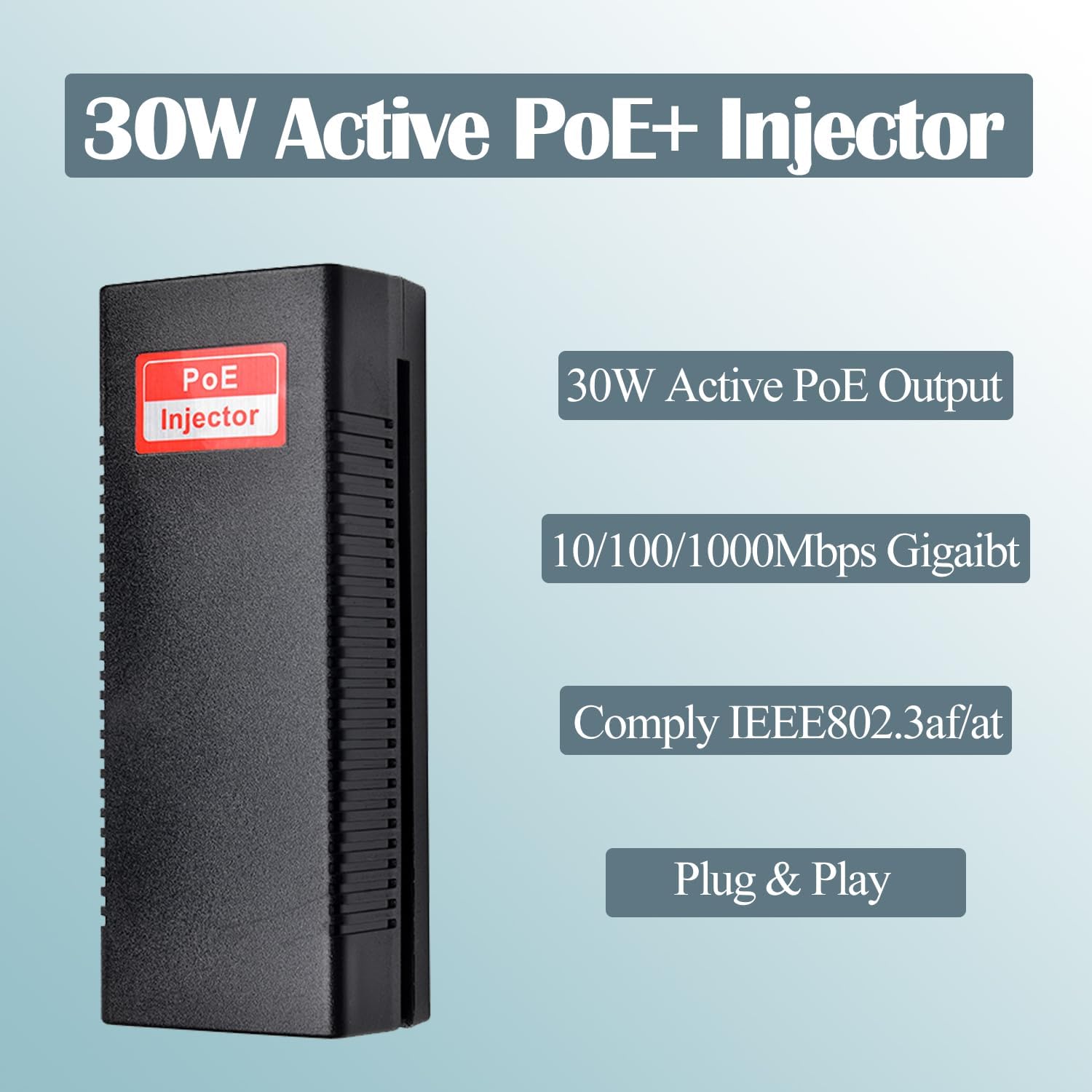 Revotech 30W PoE Injector Adapter Gigabit, IEEE 802.3 at/af 48V DC Passive POE+ RJ-45 10/100/1000Mbps, up to 100 Meters (328 Feet), Plug and Play