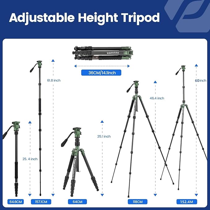 Fotopro 59" Carbon Fiber Travel Tripod, Compact Video Tripods with Fluid Head, Detachable Monopod with Quick Release Plate and Bag, Camera Tripod Load up to 8KG/17.63lbs, Green