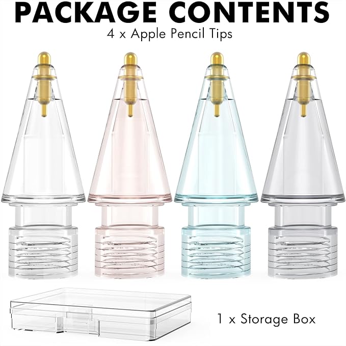 NIUTRENDZ 4 Pack Replacement Tips for Apple Pencil 2nd Generation and 1st Generation Fine Point Metal Tip, Wear-Resistant & Precise Control (1.05mm, Clear + Pink + Blue + Grey)