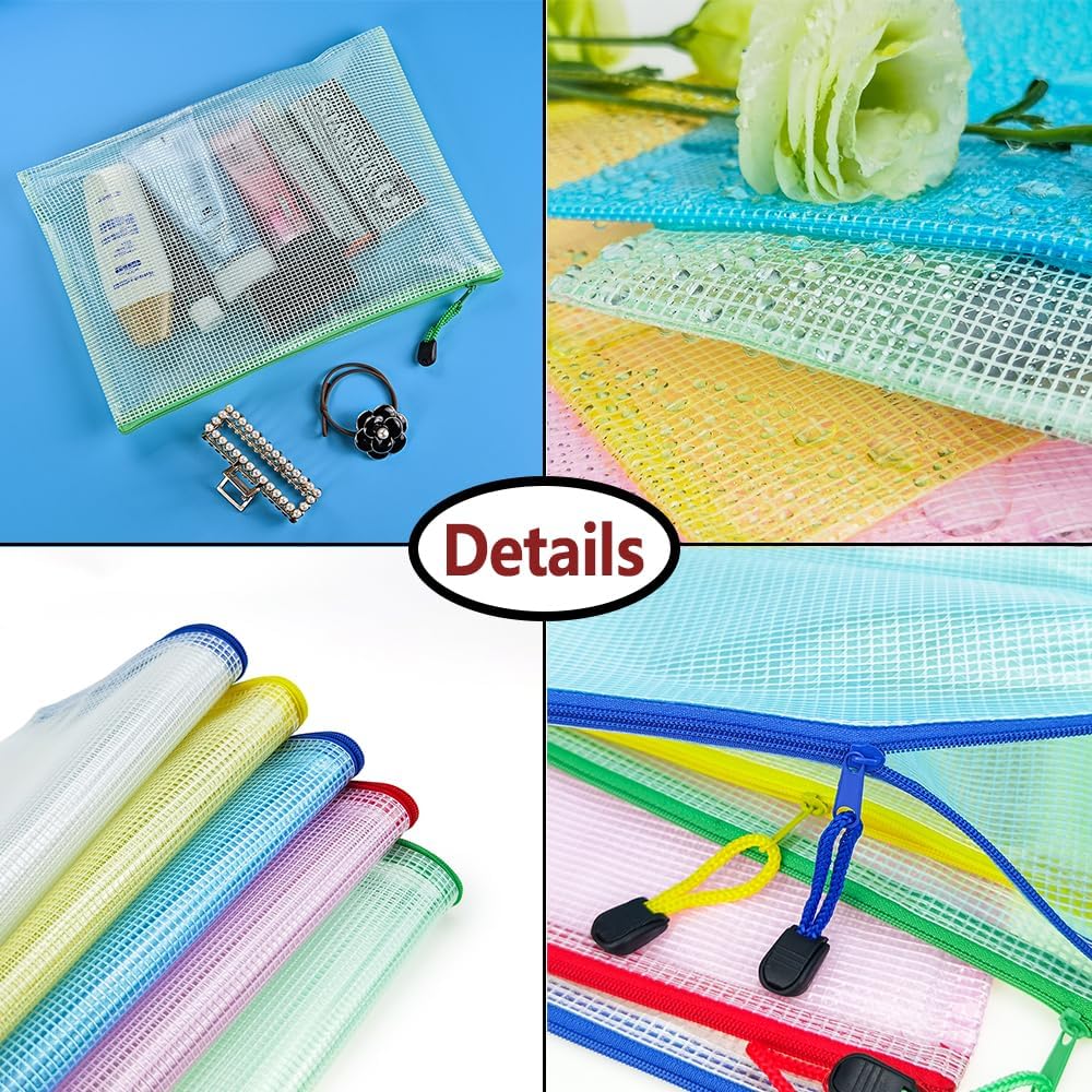 AUSTARK 10 Pcs Zipper File Bags, Waterproof Plastic Mesh Pouch for Office School, Board Game Storage Bags (B5 Size 11.4''x8.2'', Multicolored)