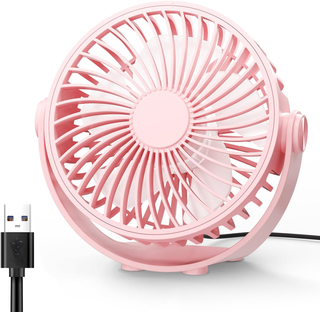 USB Desk Fan, 5 Inch Mini Portable, 3 Speeds Strong Airflow Personal Desktop, Detachable Cooling Fan 360° Rotation Quiet Small Fan for Desk Home Office Travel Car, Pink, 5ft Cable