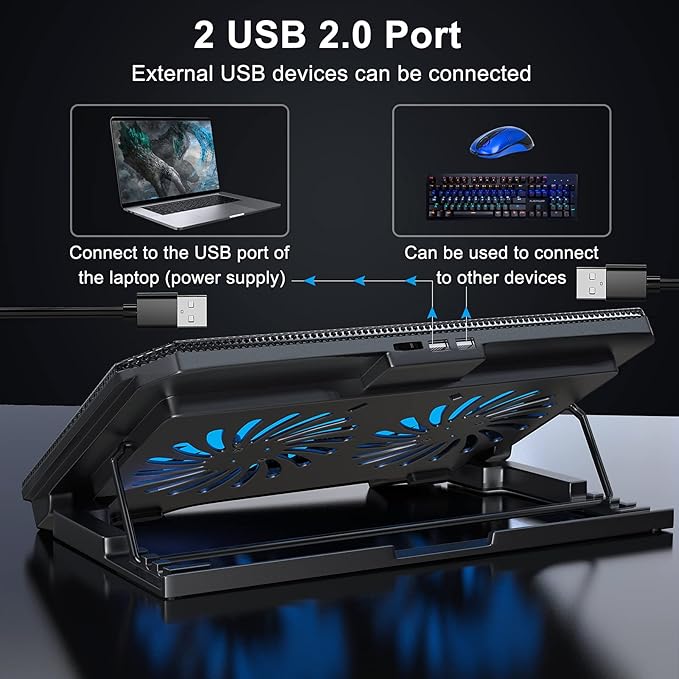 Laptop Cooling Pad with Adjustable Height Two 5.1 Inches Fan 2 USB Ports Suitable for 12"-15.6" Laptops（Black）