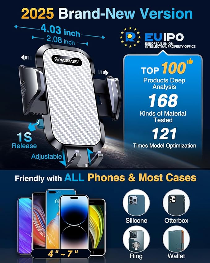 VANMASS Car Phone Holder Mount 2025 Upgraded [Patent Steel-Hook] Car Vent Phone Mount Clip Military-Grade Shockproof Cell Phone Car Mount Handsfree Truck Stand Vent Cradle for iPhone Android,Silvery