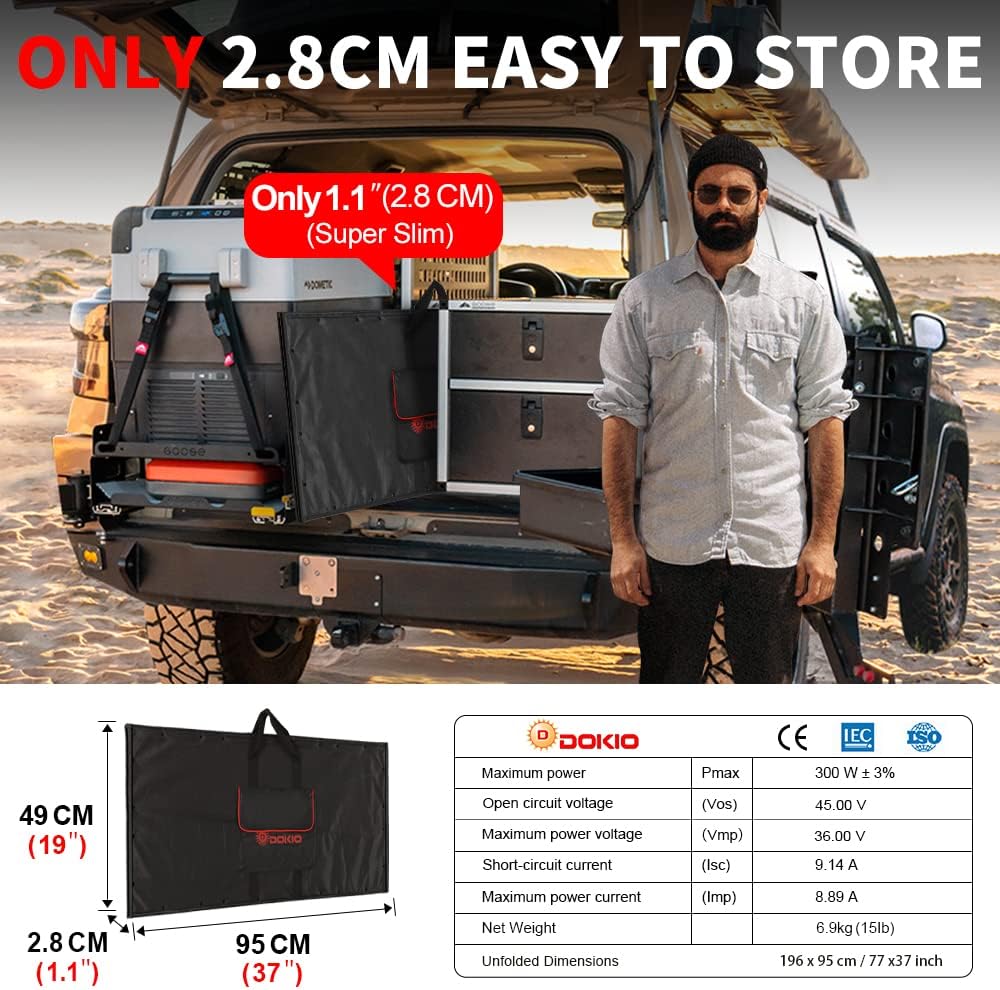 DOKIO 300W 36V Portable Folding Solar Panel Kit for 24V Batteries & Power Stations Lightweight Charger for AGM, LiFePO4, Deep Cycle — RV, Trailer, Truck, Boat, Camping, Van, Emergency