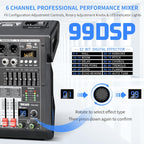Audio Mixer, 6-Channel Professional DJ Mixer with 99-Bit DSP Effects, 7-Band EQ, 48V Phantom Power, MP3/Computer Input - Studio Audio Mixing Console for Recording & Live Performances