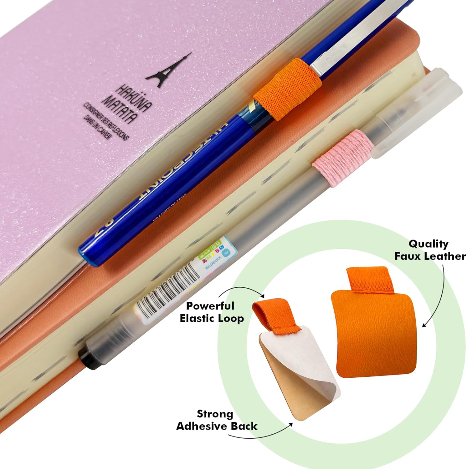 Pen Loop Holder for Notebook 16 Colors Self-Adhesive Stick On Pen Holder with Extra 2 Pens Clips 2 Leather Bookmarks As COMBO for Planner Journal Tablet Clipboards Calendars Bible Campus School Office