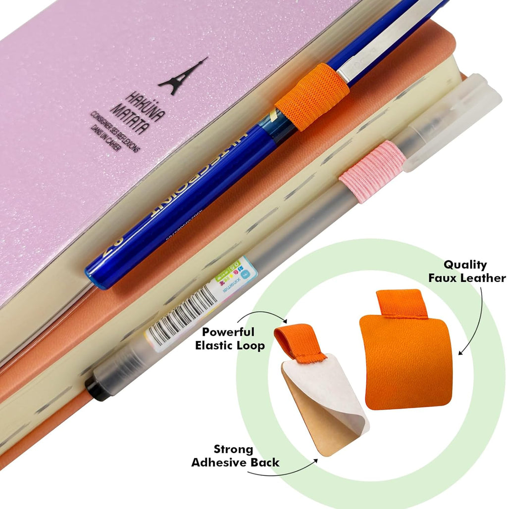 Pen Loop Holder for Notebook 14 Colors Self-Adhesive Stick On Pen Holder with Extra 2 Pens Clips 2 Leather Bookmarks As COMBO for Planner Journal Tablet Clipboards Calendars Bible Campus School Office