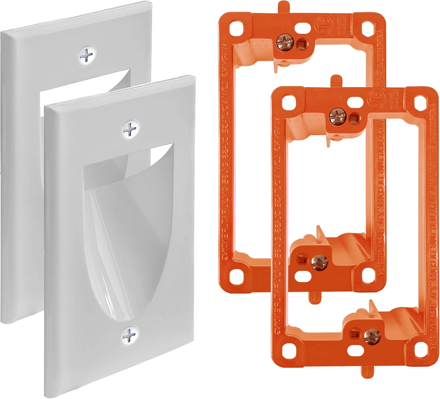 2 Pack Wall Plate Cable Pass Through with Bracket - In Wall Cable Management Kit - Recessed Cable Wall Plate Pair with Single Gang Low Voltage Mounting Bracket - Decorator Cover for Low Voltage Cables