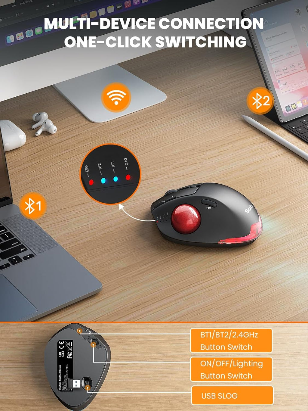 Wireless Trackball Mouse, Ergonomic Bluetooth Rechargeable Computer Mouse, Backlit Rollerball Thumb Laptop mice with 5 Level DPI, Adjustable Angle, 3 Devices Connection for PC, Windows - Red Ball