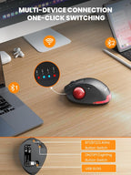 Wireless Trackball Mouse, Ergonomic Bluetooth Rechargeable Computer Mouse, Backlit Rollerball Thumb Laptop mice with 5 Level DPI, Adjustable Angle, 3 Devices Connection for PC, Windows - Red Ball