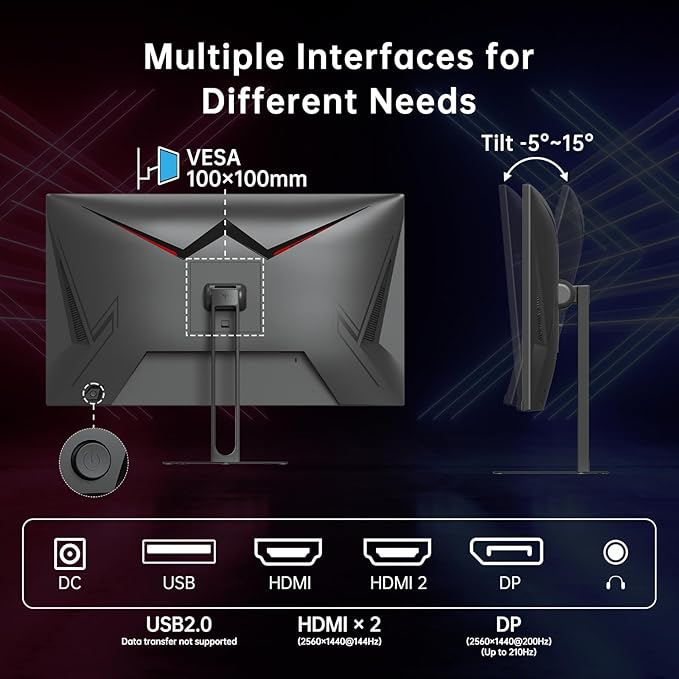 KTC 27 Inch Gaming Monitor - 2K QHD 2560 x 1440 Monitor, Up to 210Hz & 1ms, Bulit-in Speakers, Adaptive Sync, HDR400, 131% sRGB, IPS Monitors Gamer with HDMI 2.0 x 2 & DP1.4 x 2, H27T22C-3