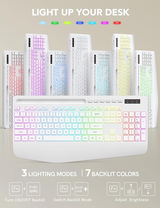 Wireless Keyboard and Mouse Backlits, Wrist Rest, LED Mouse, Rechargeable Ergonomic Keyboard with Phone Holder, Silent Light Up Combo for Computer, Mac, PC, Laptop, Chromebook (White)