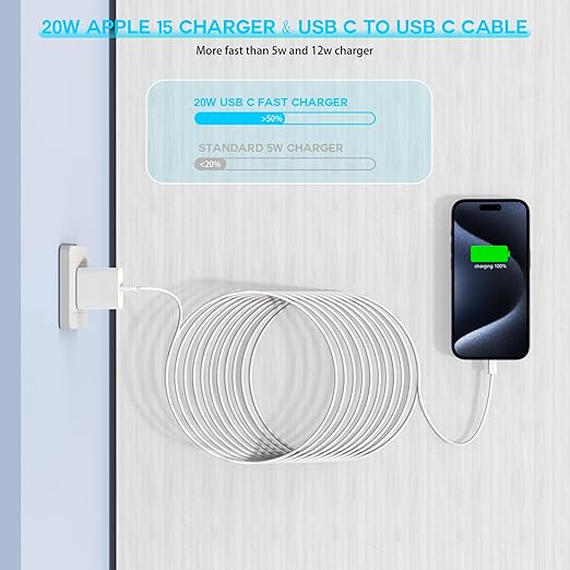 10FT Woven Cable for Apple 16 15, 60W 10Foot USB C to Type C Braided Charger Cable Cord & 20W USB C Charger Block Cube Travel Plug Super Quick Charging for iPhone 16 15/16 15 Plus/Pro/Pro Max,iPad Pro