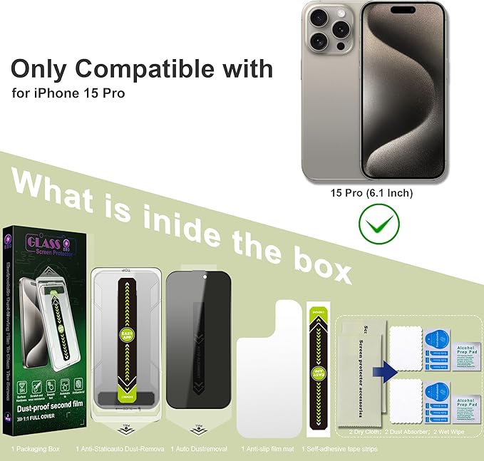 (2-Pack Anti-Spy Privacy Screen Protector for iPhone 15 Pro (6.1-Inch),9H Tempered Glass,Full Coverage,Anti-Fingerprint,Auto Dust Removal,Bubble-Free,Easy Installation