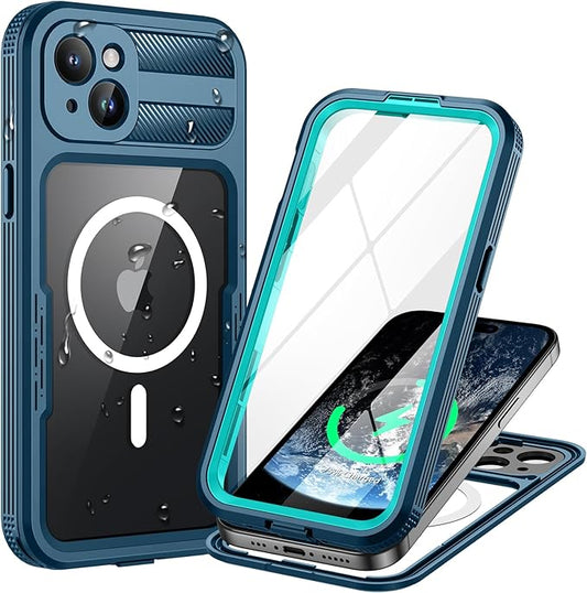 Lanhiem Magnetic for iPhone 15 Case, IP68 Waterproof Dustproof Case, [Compatible with Magsafe] [Built-in Screen Protector] Full Body Heavy Duty Rugged Phone Cover 6.1 inch, Blue/Clear