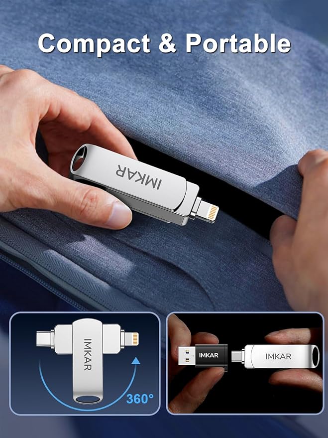 MFi Certified 512GB Flash Drive for iPhone iPad, IMKAR Memory Stick Storage for Photos Videos, Compatible with iPhone iPad Android and PC, Plug and Play No Application Required (Metal Silver)