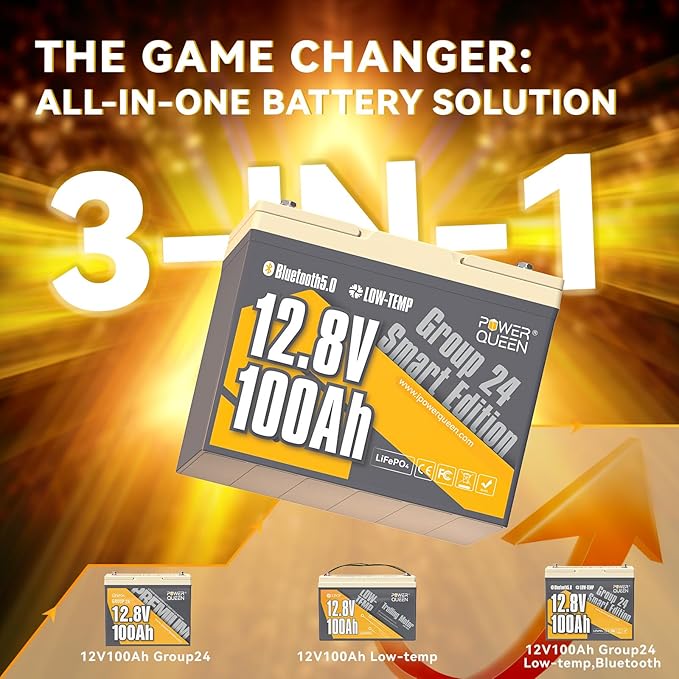 Power Queen 12V 100Ah LiFePO4 Battery Bluetooth Lithium Battery, Low-temp Cut-off Deep Cycle Battery with 100A BMS, 1280Wh Energy, Up to 15000 Cycles for Trailer RV, Motor Home, Marine