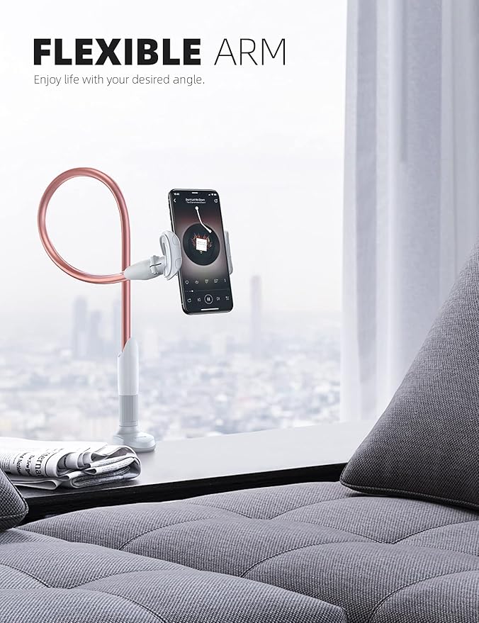 Lamicall Phone Holder Bed Gooseneck Mount - Cell Phone Clamp Clip for Desk, Flexible Lazy Long Arm Headboard Bedside, Overhead Mount Stand, for 4-7" Phone, iPhone 15 Pro Max, 14 Plus, 13, Rose Gold