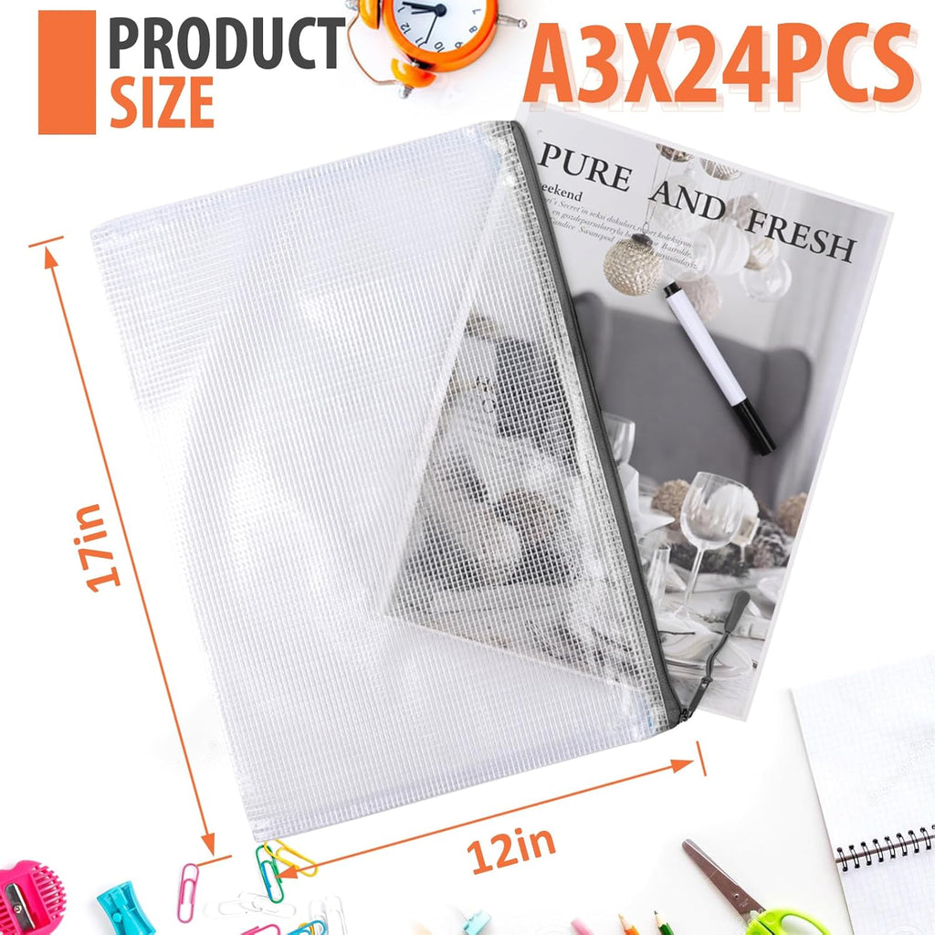 24pcs Mesh Zipper Pouch, Puzzle Storage Bags, A3 17x12 Inches Large Reusable Zipper Pouches for for Classroom Office Supplies Organizing, Extra Large Zipper Bags, Board Game Storage