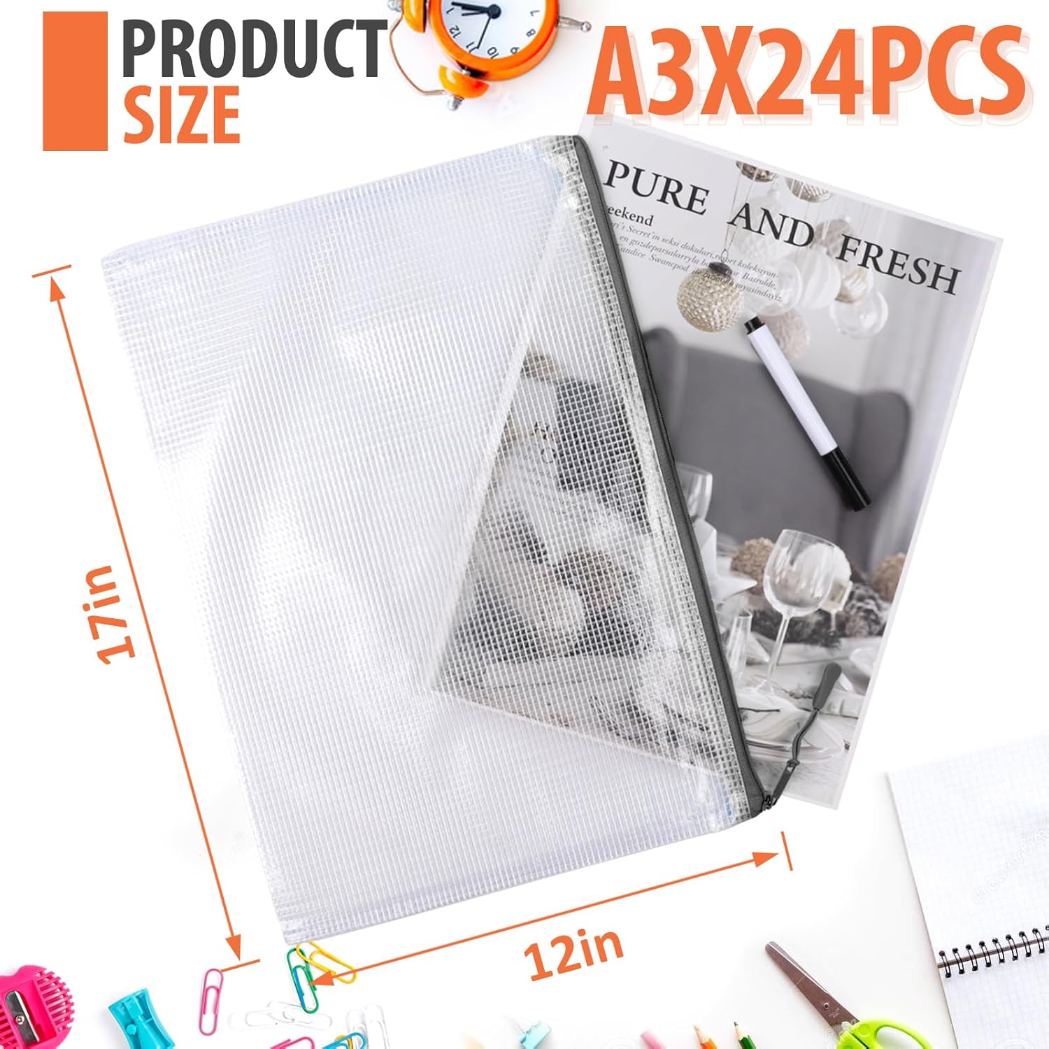 24pcs Mesh Zipper Pouch, Puzzle Storage Bags, A3 17x12 Inches Large Reusable Zipper Pouches for for Classroom Office Supplies Organizing, Extra Large Zipper Bags, Board Game Storage