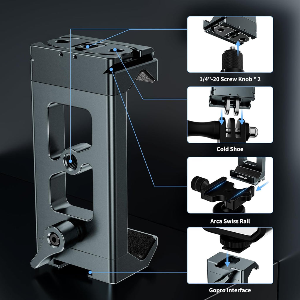 Metal Phone Tripod Mount Arca Port & Action Camera Adapter, Adjustable Smartphone Tripod Adapter Clamp Cell Phone Stand Holder Compatible with iPhone Plus PRO Max GoPro Samsung Galaxy Motorola Pixel