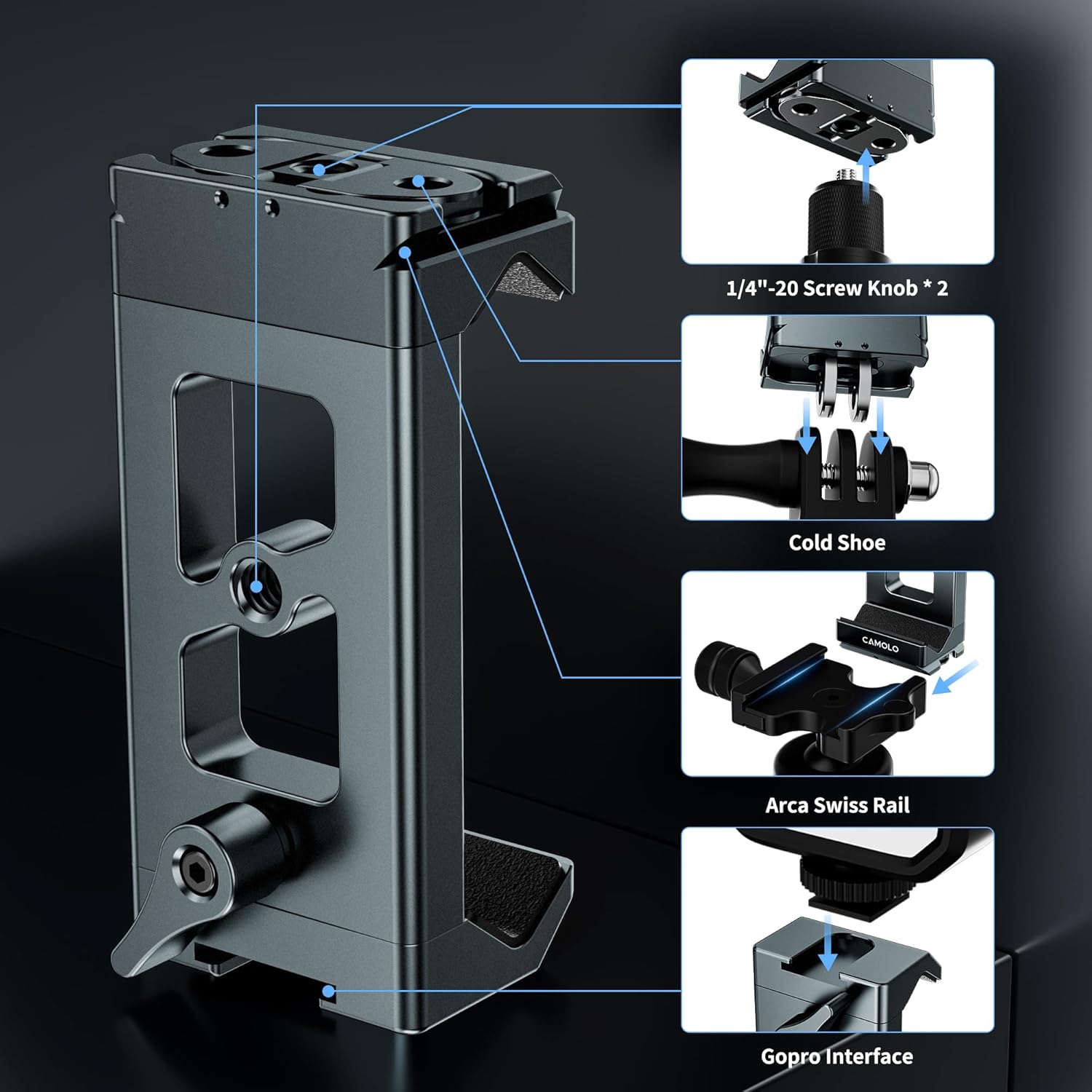 Metal Phone Tripod Mount Arca Port & Action Camera Adapter, Adjustable Smartphone Tripod Adapter Clamp Cell Phone Stand Holder Compatible with iPhone Plus PRO Max GoPro Samsung Galaxy Motorola Pixel