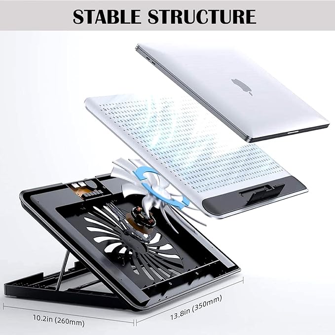 16inch Single Fan Lap Chill Mat - Aluminum Panel Laptop Cooling Pad, Heat Protection Laptop Cooler, Adjustable Foldable Long Stand, Fans Switch with dimmable-Speed, USB-A Connection Laptop Fan