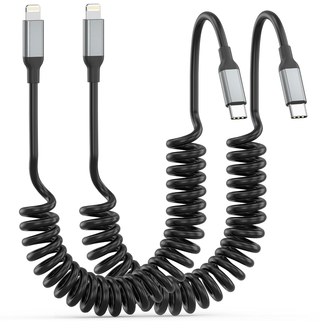 Coiled USB C to Lightning Cable 2 Pack, [MFi Certified] Retractable USB C iPhone Charger PD Fast Charging for Car, Short Type C to Apple CarPlay Cord for iPhone 14 13 12 11 Pro Max XR XS 8 SE iPad