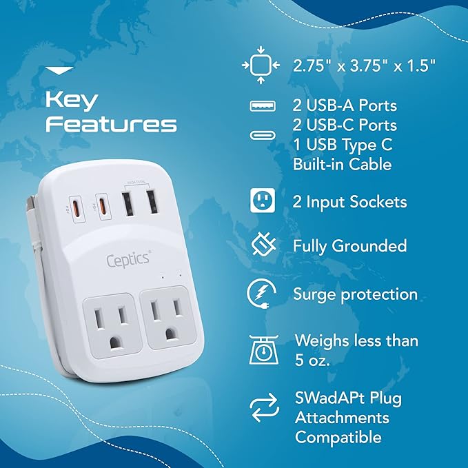 Ceptics World Travel Adapter Kit 2 USB-A, USB-C US Outlets, 20W/QC 18W Power Delivery, Surge Protection, SWADAPT Compatible for Europe, UK, China, Australia, Japan Perfect Laptop (WPS-5B)