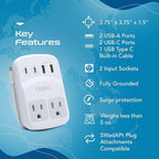 Ceptics World Travel Adapter Kit 2 USB-A, USB-C US Outlets, 20W/QC 18W Power Delivery, Surge Protection, SWADAPT Compatible for Europe, UK, China, Australia, Japan Perfect Laptop (WPS-5B)