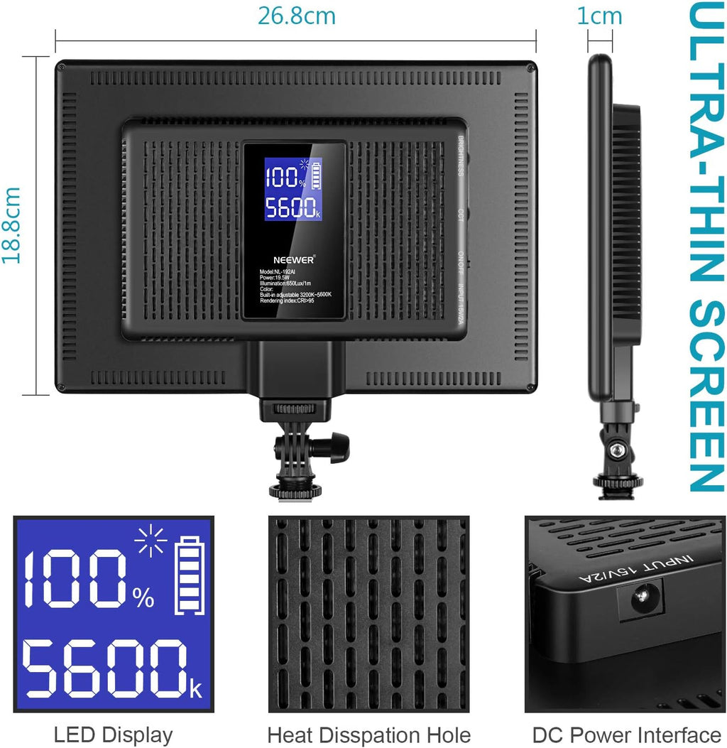 NEEWER 192 LED Video Light Panel, 20W Ultra Thin Bi Color Dimmable DSLR Camera Soft Light, 8000mAh Built in Lithium Battery, 3200-5600K CRI97+, Key Lighting for Studio Photography Recording Streaming