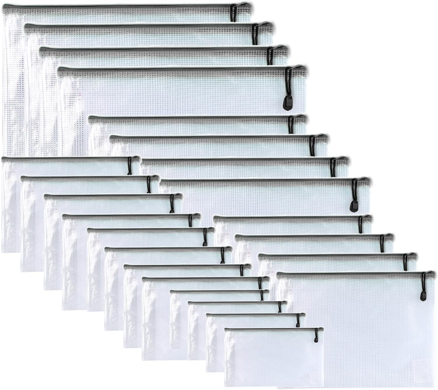 Oaimyy-24 Pcs Plastic Mesh Zipper Pouch Document Folders Bag Zip File Folders for School Office Supplies, Travel,Puzzles Games Organizing Storage-Black (MultiSize)