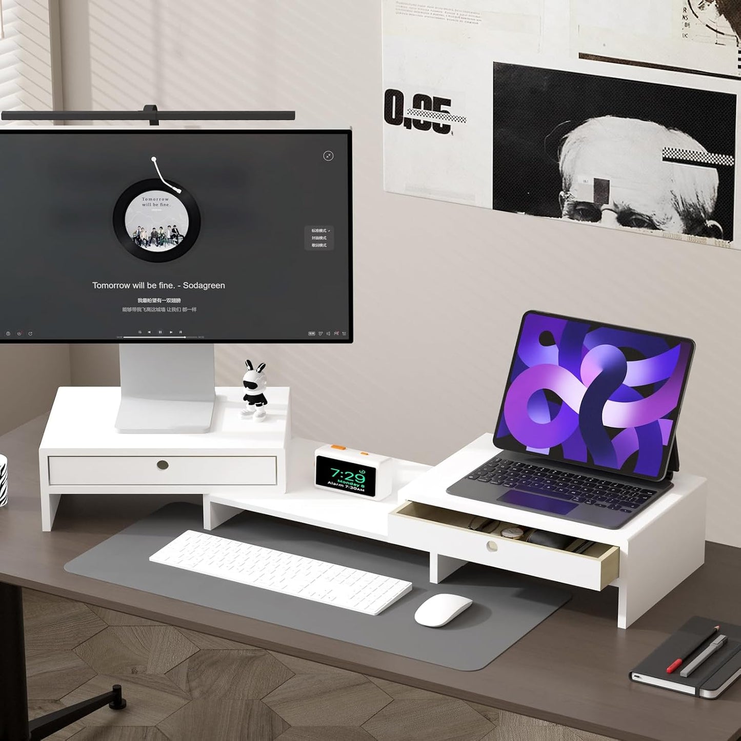 LAPTAIN Monitor Stand with 2 Drawers, Dual Monitor Stand Riser with Adjustable Length and Angle, Desktop Organizer Stand for Laptop/PC/Computer, No Assembly Required, Solid Wood