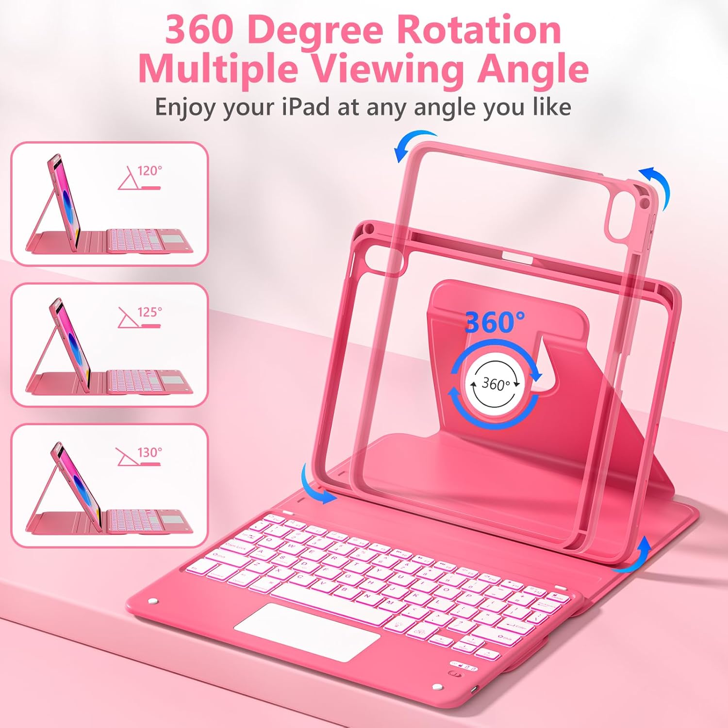 Touchpad for iPad A16 11th/10th Generation Case with Keyboard, 7 Color Backlit 360 Rotation Cover with Pencil Holder,Detachable Keyboard for iPad 11 inch 2025/10th Gen 10.9'' 2022 (Watermelon Red)