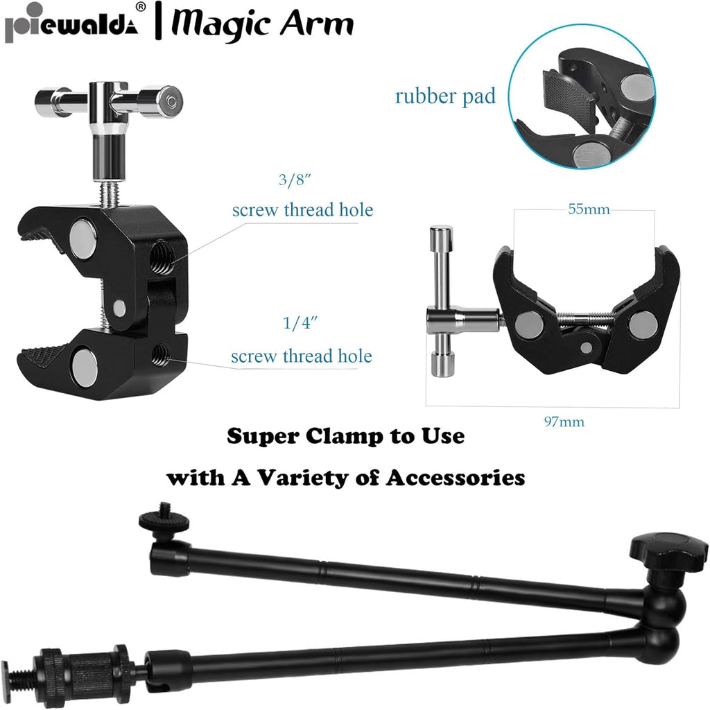 Camera Magic Arm articulating arm- 20 Inch Metal Adjustable Friction Articulated arm with Super Clamp/Phone Clip, for Various Action Camera/DSLR/LCD Monitor/LED Lights/Cell Phone