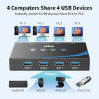 eKL USB 3.0 Switch 4 Computers Share 4 USB 3.0 Ports USB Switcher for PC Laptop Mouse Keyboard Scanner Printer One Button Switch with 3.5mm Headphone Jack and 4 Pack Cables