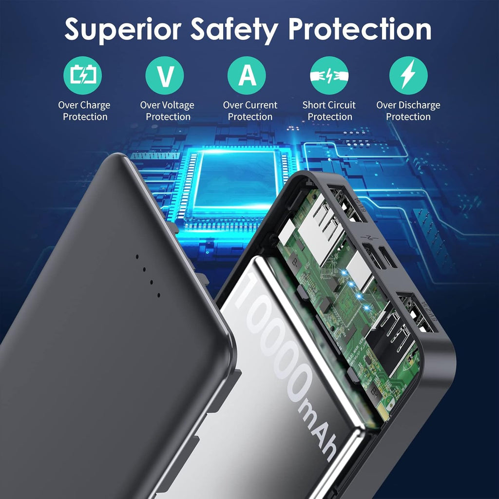 [2 Pack] Portable Charger Power Bank 10000mAh,Ultra Slim Compact External Battery Pack with USB C Input & Dual USB Outputs Backup Charger Compatible with iPhone 14,13, Samsung S20,Tablet-Black+Purple