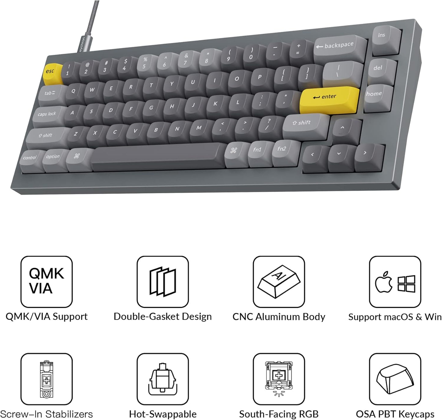 Keychron Q2 Wired Custom Mechanical Keyboard, QMK/VIA Programmable Macro, Full Aluminum, Hot-Swappable Gateron G Pro Brown Switch, 65% Layout Double Gasket Compatible with Mac and Windows - Grey