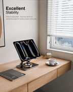 Tablet Stand Holder with Thickened 360°Rotating Base Dual Rod Adjustable Aluminum Stand for All 5.8-12.9” iPad Samsung Phone Tablet Kindle E-Reader and More, Black