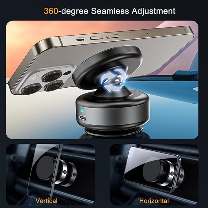15W Wireless for MagSafe Car Mount Charger, 360° Adjustable Vacuum Magnetic Phone Holder Car Charger for iPhone 16 15 14 13 12, Suction Cup Phone Mount for Gym/Mirror