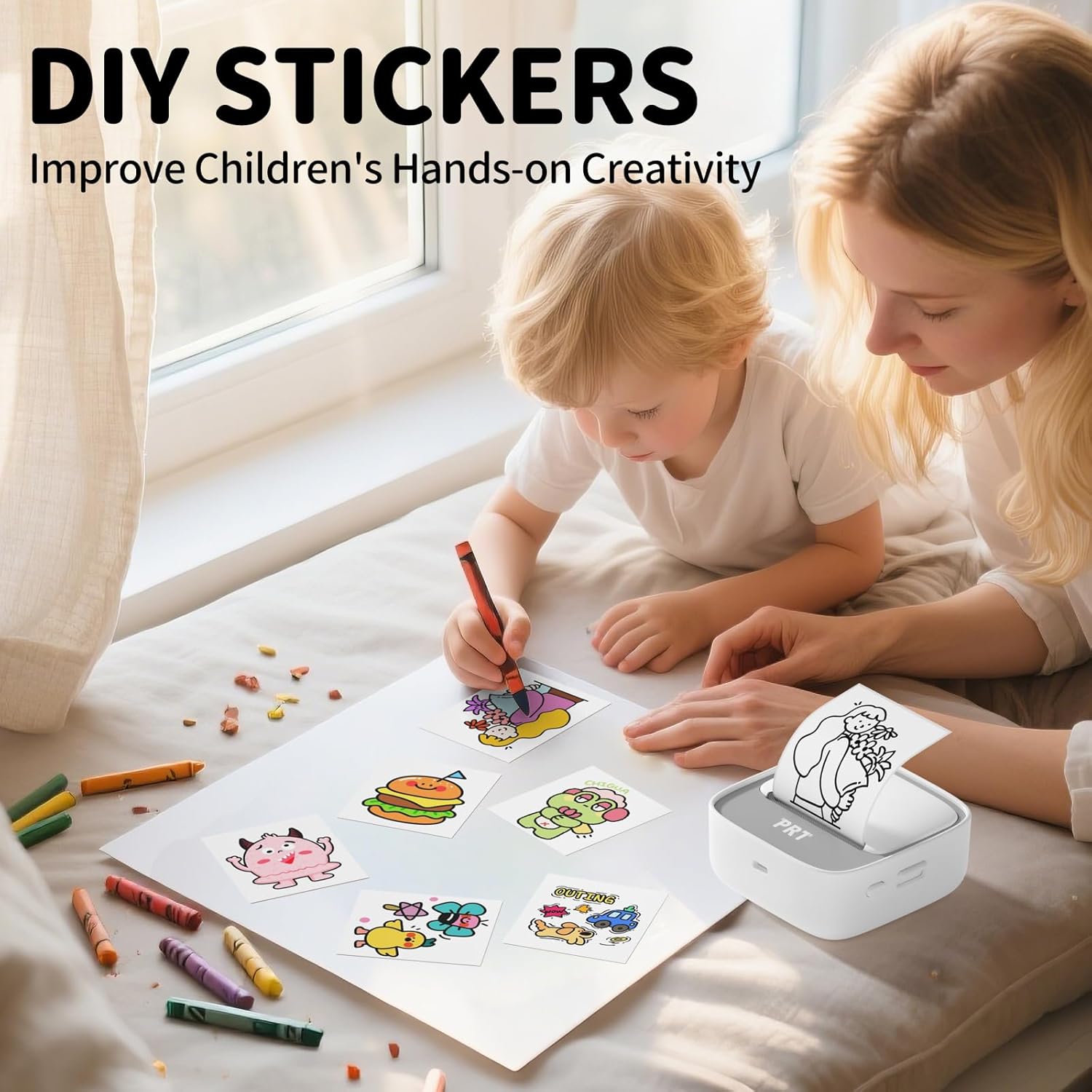 PRT Mini Sticker Printer, Portable Thermal Printer with 1 Roll Sticker Paper, Inkless Sticker Maker, Bluetooth Label Printer for Study Notes,Lists,Pictures,DIY Creations Small Printers for Home Use