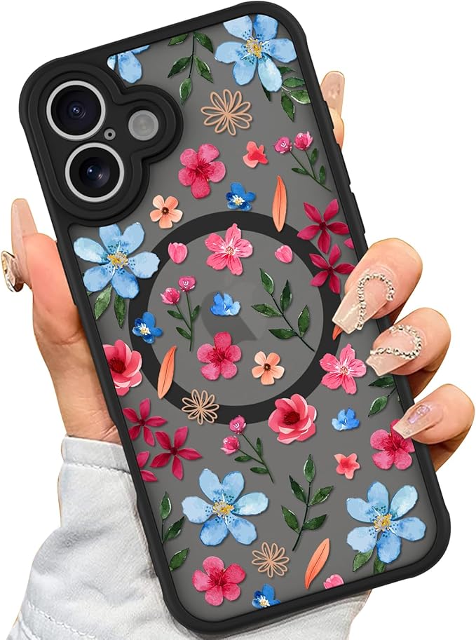 AIGOMARA Magnetic Case for iPhone 16 Plus [Compatible with MagSafe] Cute Pink Blue Flower Floral Pattern Soft TPU Bumper Hard PC Back Anti-Fall Shockproof Protective Slim Cover for Women Girls