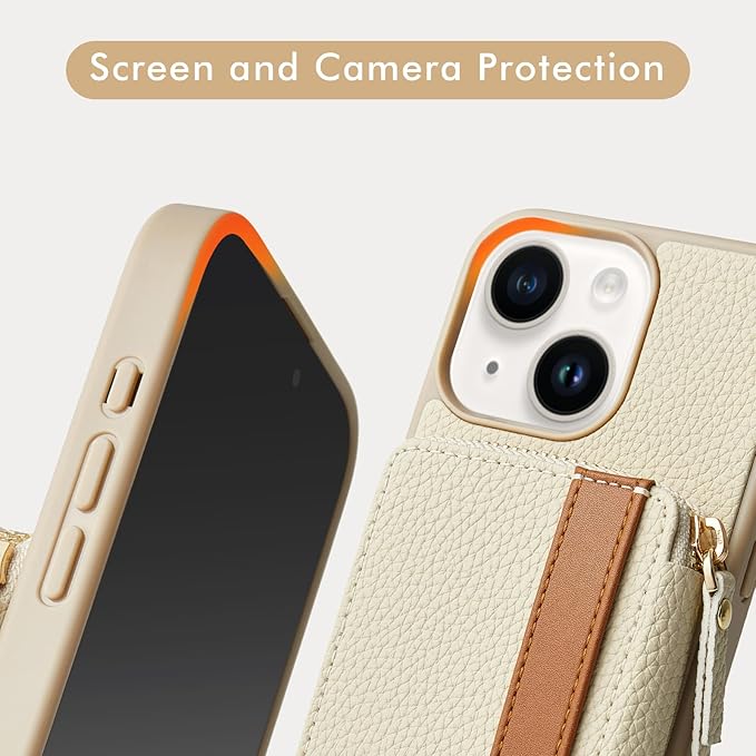 LAMEEKU for iPhone 15 Wallet Case with Credit Card Holder, Zipper Leather Crossbody Case with Phone Grip Holder Stand Wrist Strap Lanyard for Women for Apple iPhone 15 6.1 inch Beige