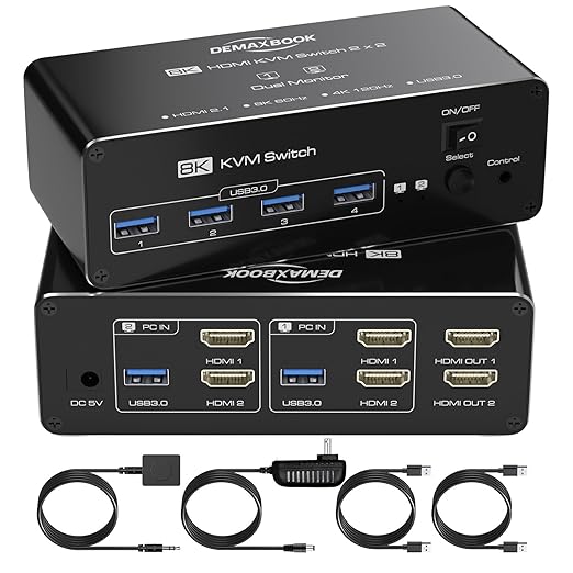 DEMEXBOOK HDMI KVM Switch 2 Monitors 2 Computers 8K@60Hz 4K@120Hz, with 4 USB 3.0 Ports for 2 Computers Sharing 2 Monitors, Extended/Copy Mode, with Power Adapter,Includes Remote & 2 USB Cables