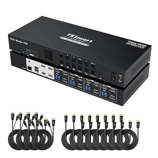 TESmart USB 3.0 HDMI KVM Switch 3 Monitors 4 Computers 4K@60Hz, Headset, Audio&Microphone, EDID emulators, Hotkey Switch, Wired Network, Rack-Ears, 4 Port Triple Monitor KVM Switch with All Cables