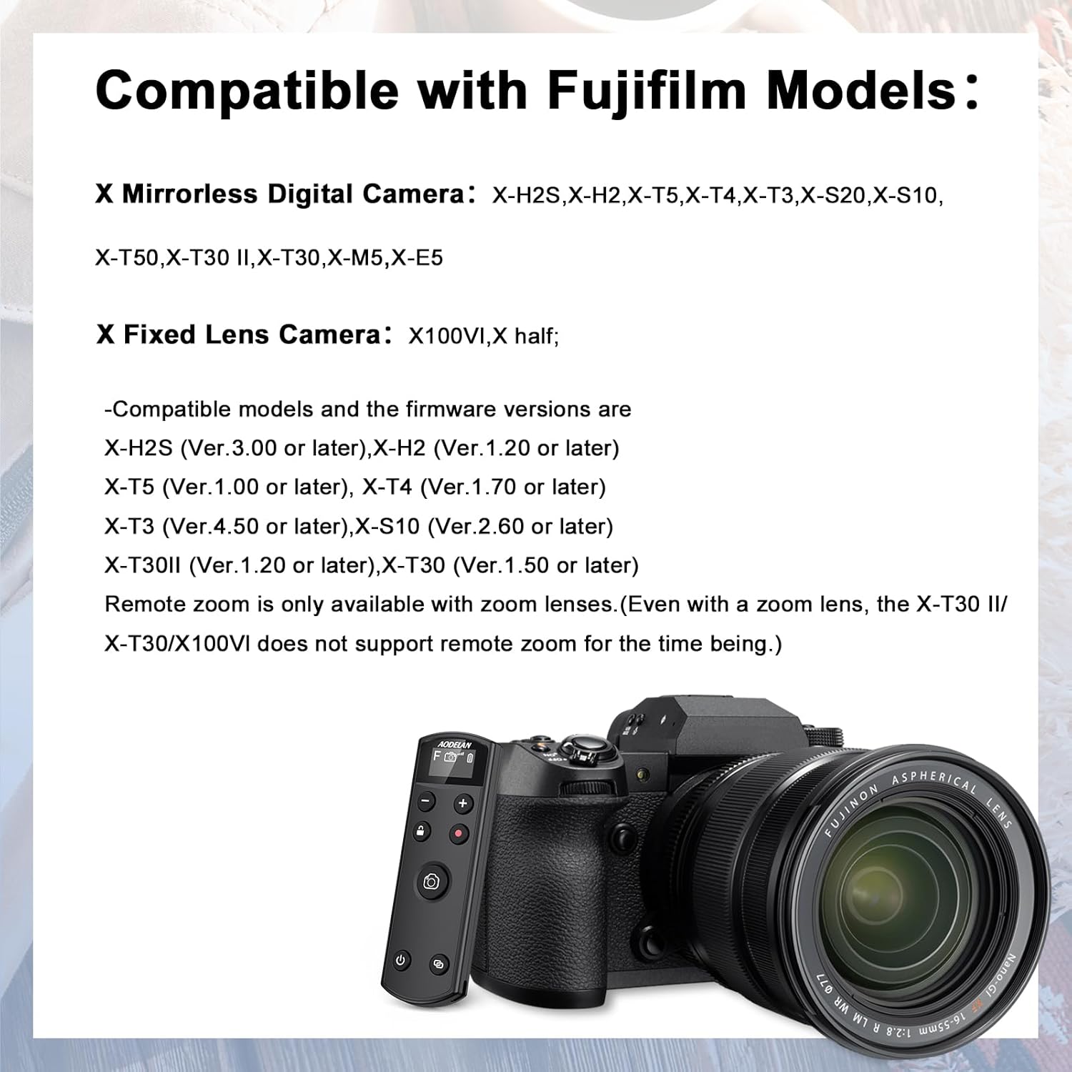 for Fujifilm Rechargeable Camera Remote Control Wireless Shutter Release Compatiable with Fuji X-T30 II, X-S10, X100VI, X-H2S, X-H2, X-T5, X-T4, X-T3, X-S20, X-T50, X-T30, X-M5, X-E5, X Half(Black)
