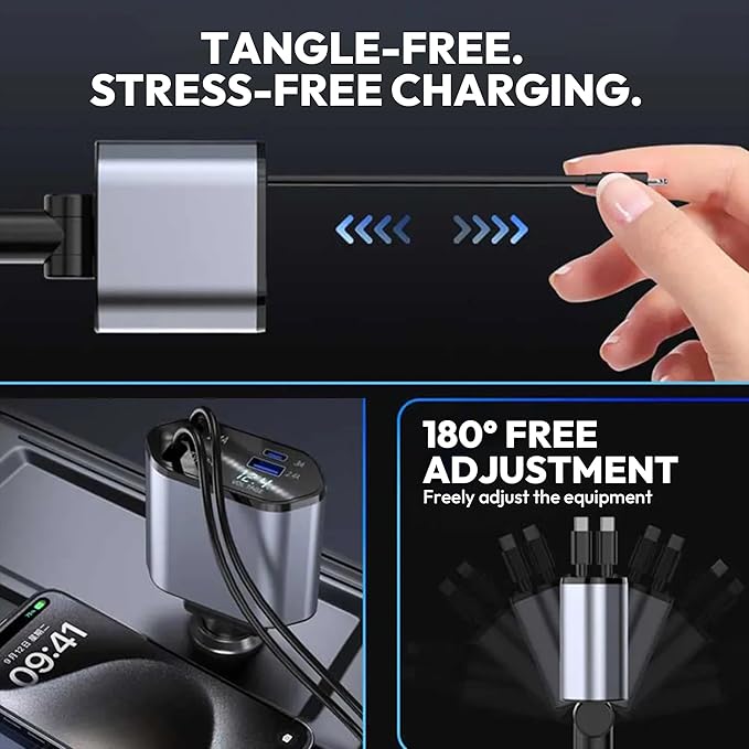 120W Retractable Car Charger 4-in-1 USB-C & Lightning Cable – Fast Charging Adapter for iPhone 16/15/14, Samsung, Android | USB Type-C Port + LED Voltage Display | Multi-Device Car Charger