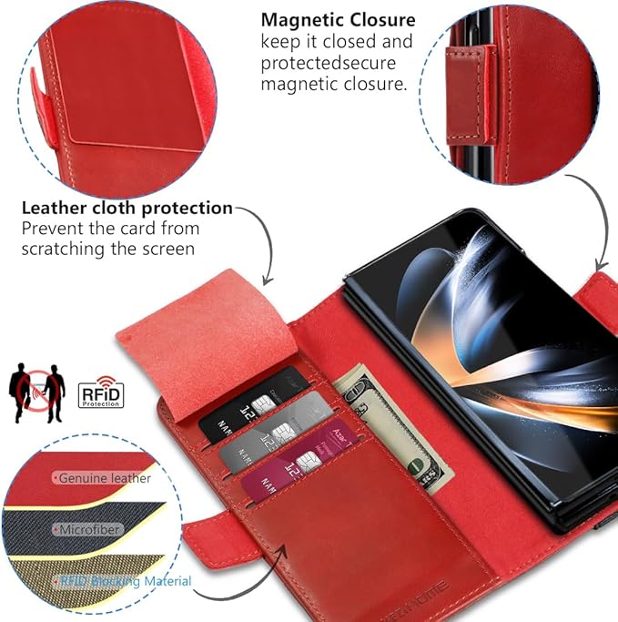 KEZiHOME for Galaxy Z Fold 4 Case, Genuine Leather Wallet Case [RFID Blocking] with Card Holder Kickstand Book Flip Folio Case Compatible with Samsung Galaxy Z Fold 4 (Red/Brown)