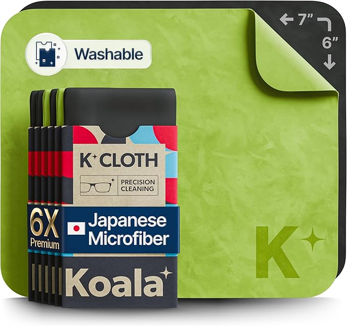Koala Lens Cleaning Cloth | Japanese Microfiber | Glasses Cleaning Cloths | Eyeglass Lens Cleaner | Eyeglasses, Camera, VR/AR Headset, and Screen Cleaner | Black & Green (Pack of 6)